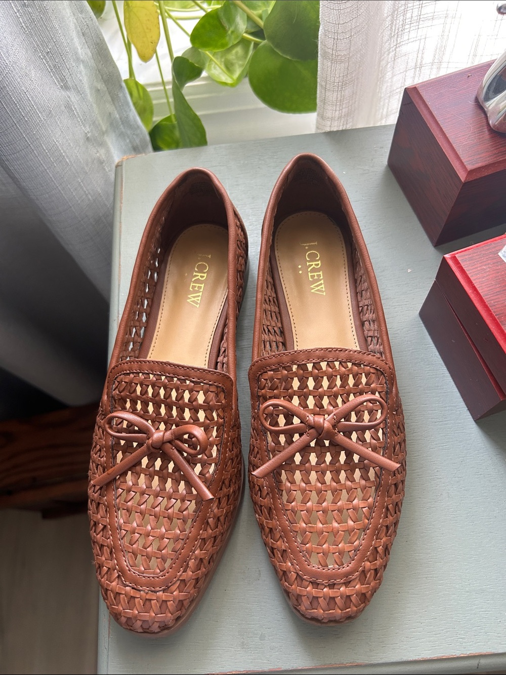 J. Crew Brown Woven synthetic Leather Loafers with Bow